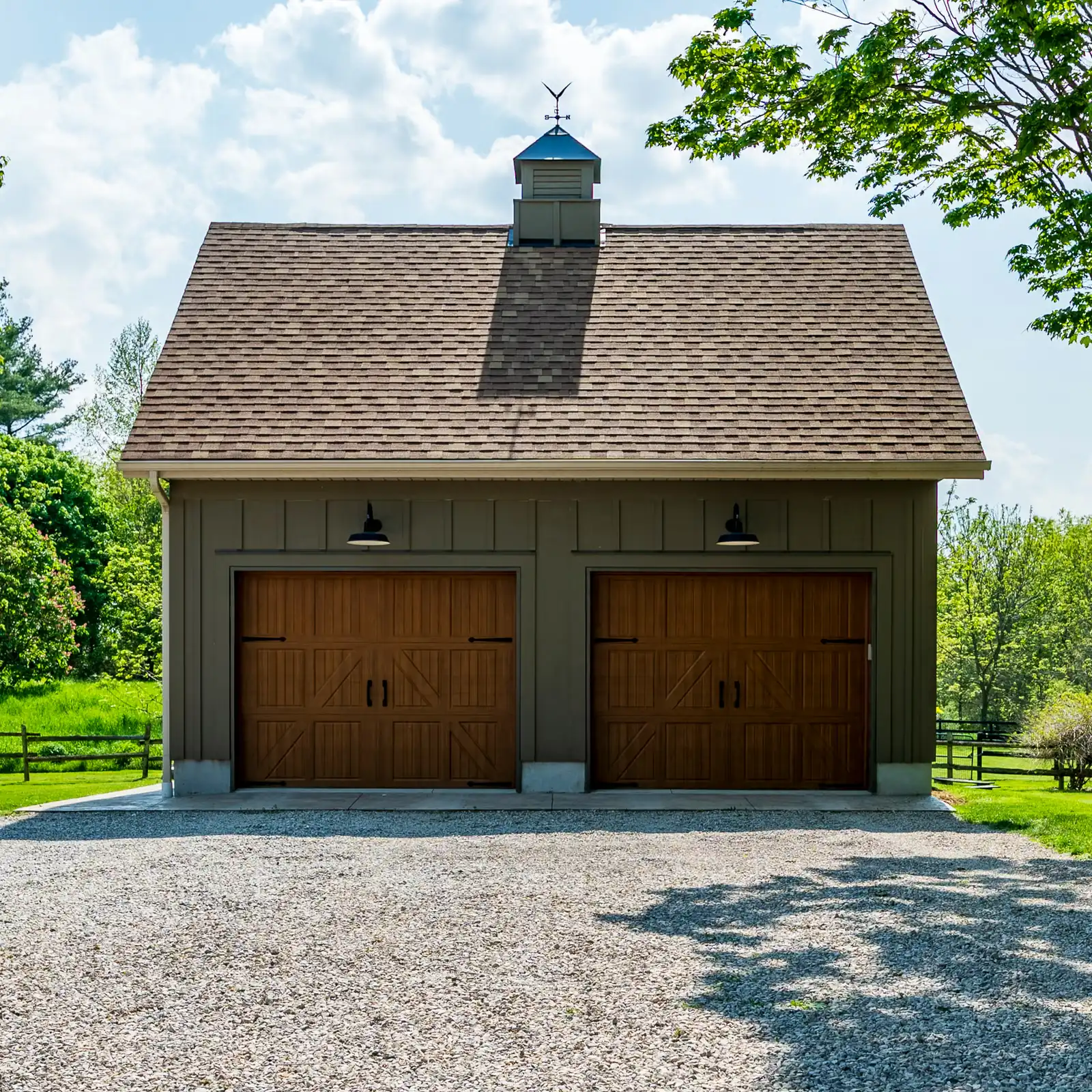 Photo. Barn and equipment structure, board-and-batten with a cupola