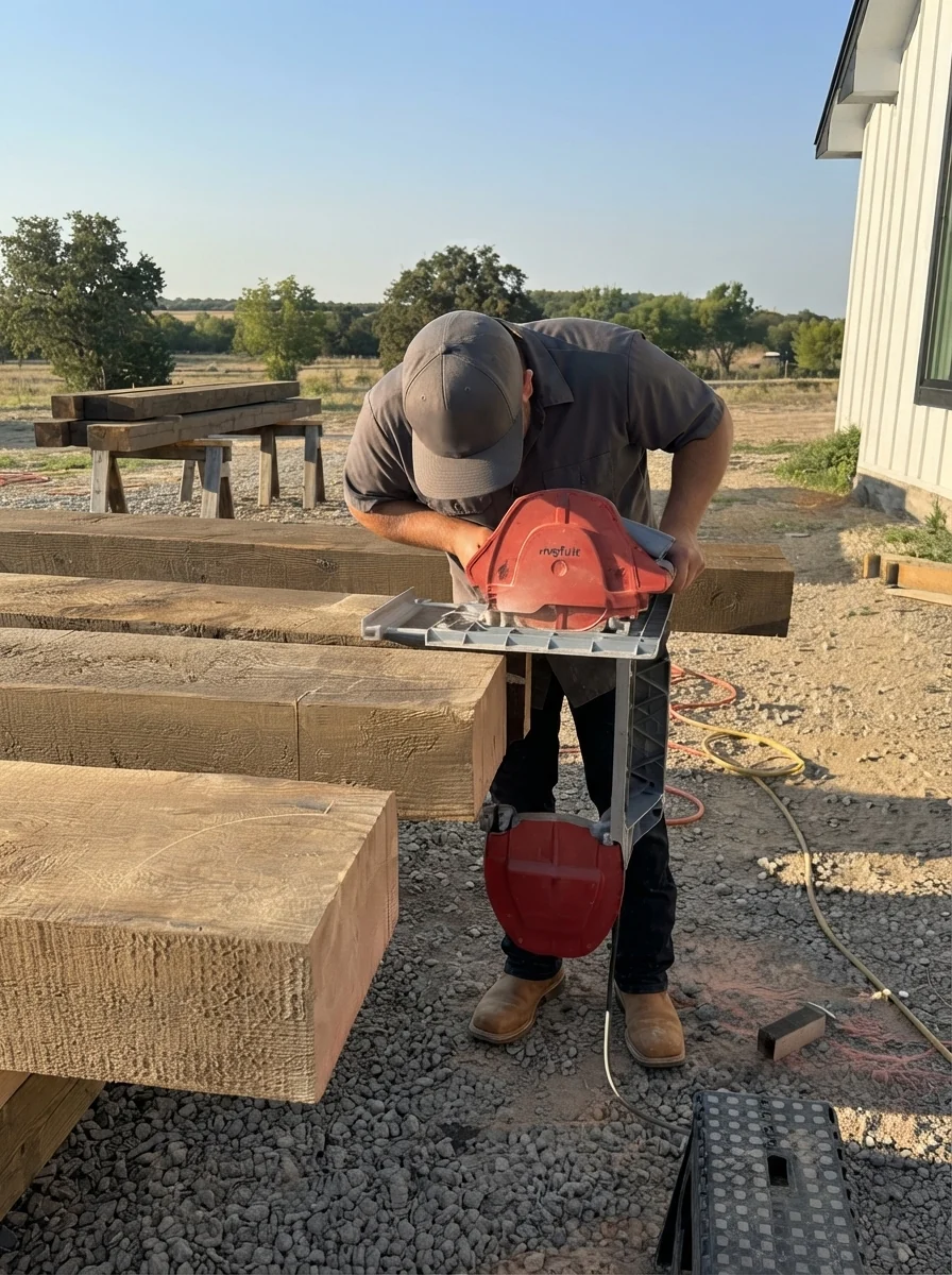 Cutting a corbel profile into a heavy timber beam on site in North Texas