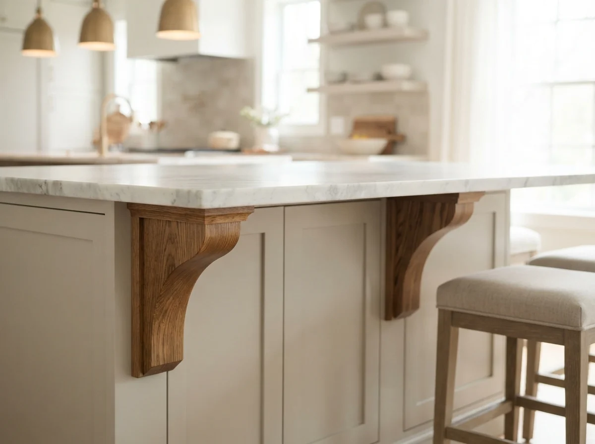 Photo. Kitchen island with matching corbels under the overhang
