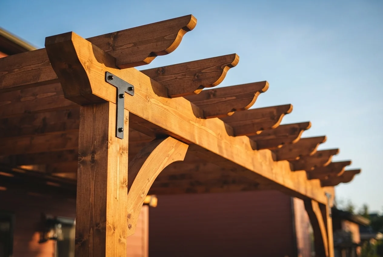 Photo. Carved cedar corbel under a beam end, strong side light