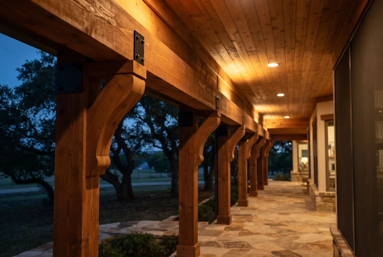 Photo. Row of corbels along a porch beam, wide, evening