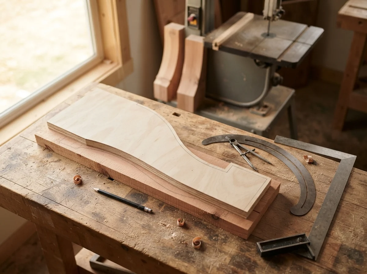 Photo. Corbel profile template and bandsaw work in progress