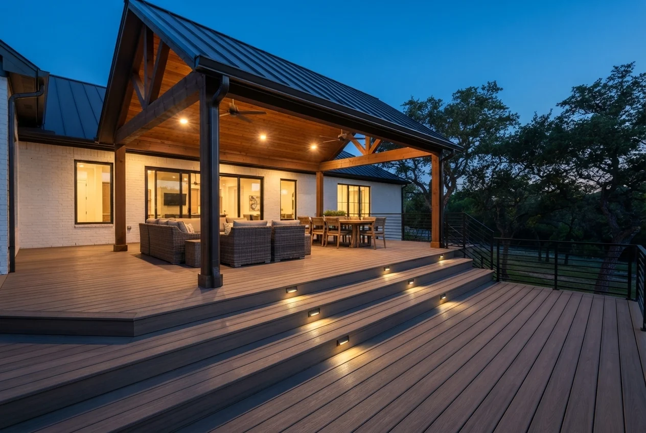 Photo. Covered deck with fans and lighting, evening