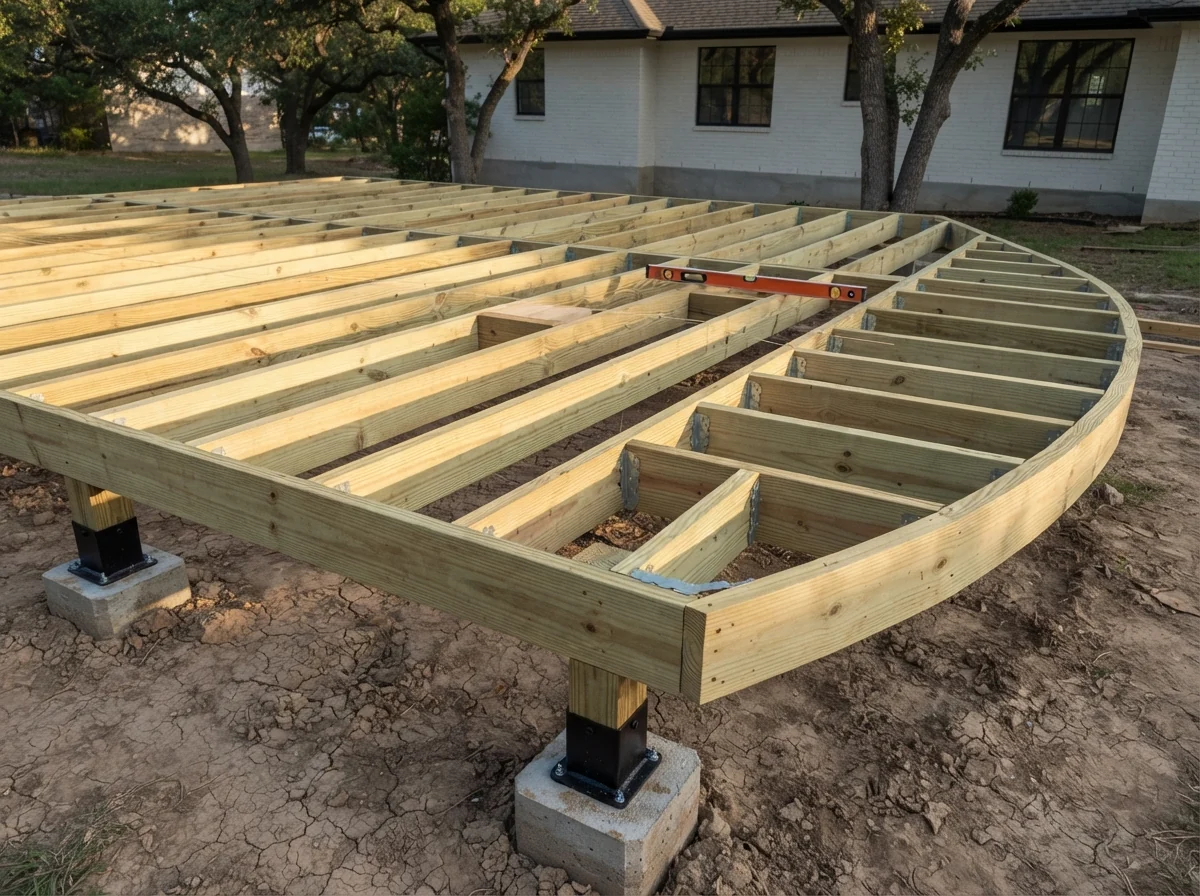 Photo. Deck framing and footing detail before boards