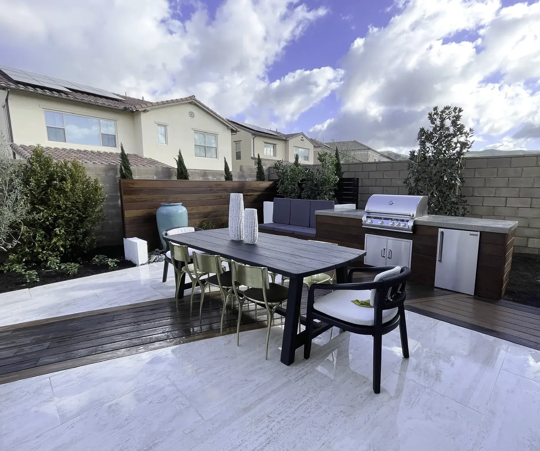 Photo. Finished multi-level deck, wide, dusk