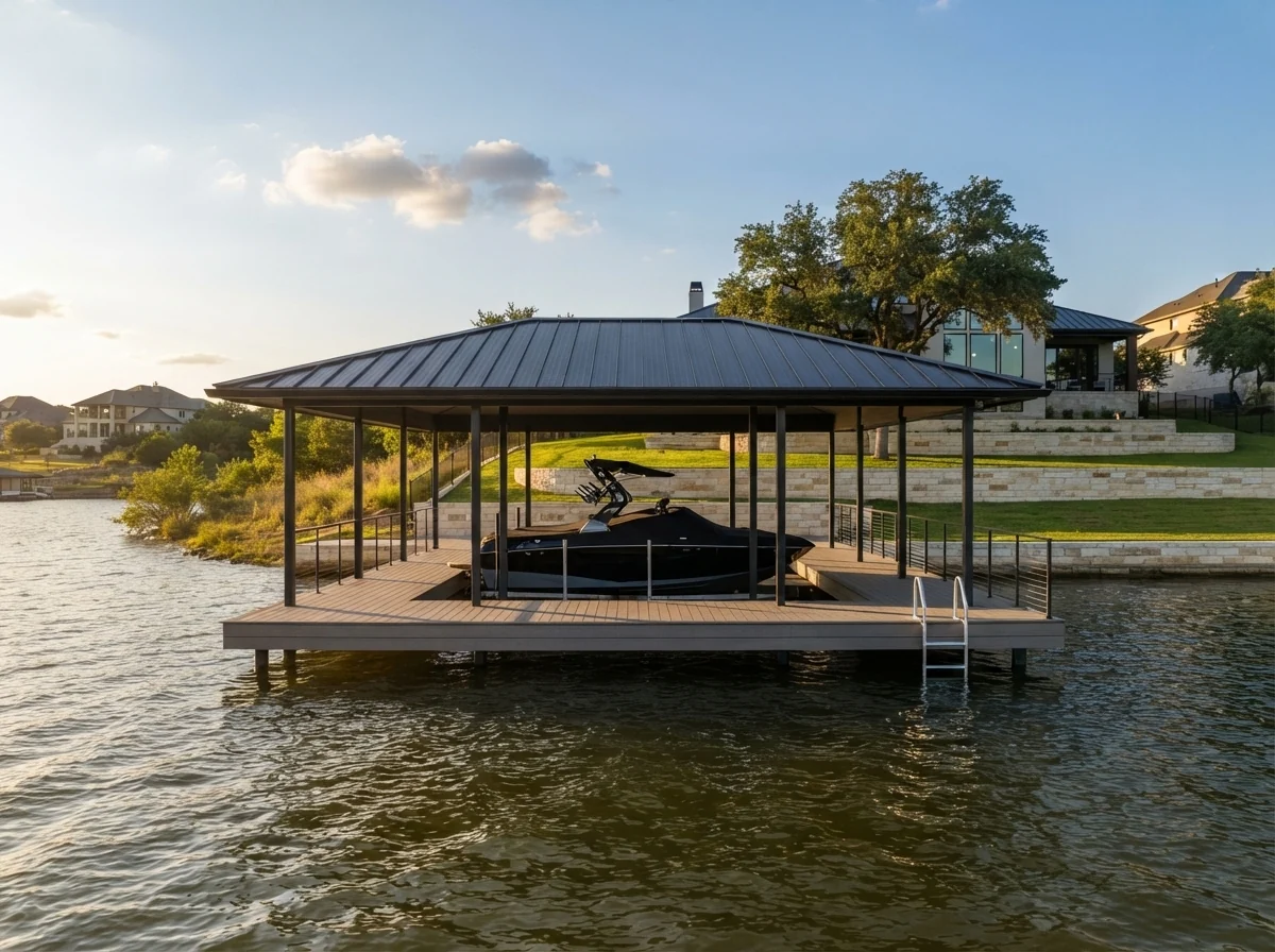 Hero photo. Best finished dock repair project, wide, late afternoon light