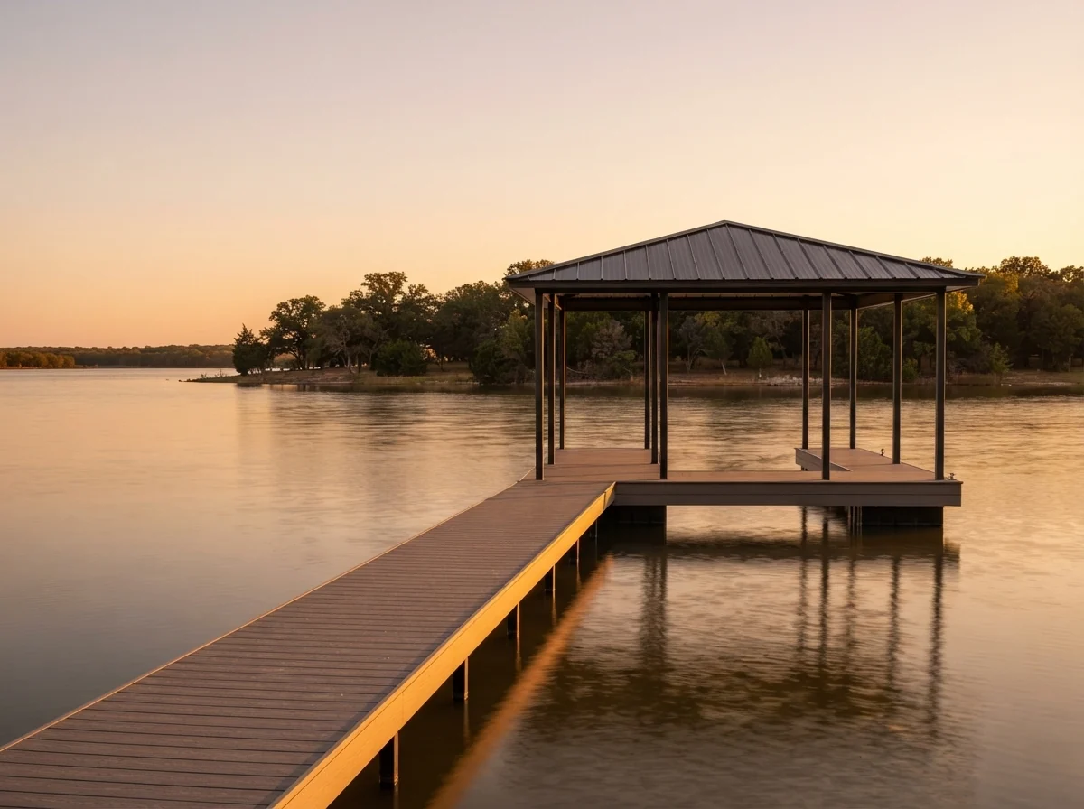 Photo. Restored dock on the water, new decking, golden hour