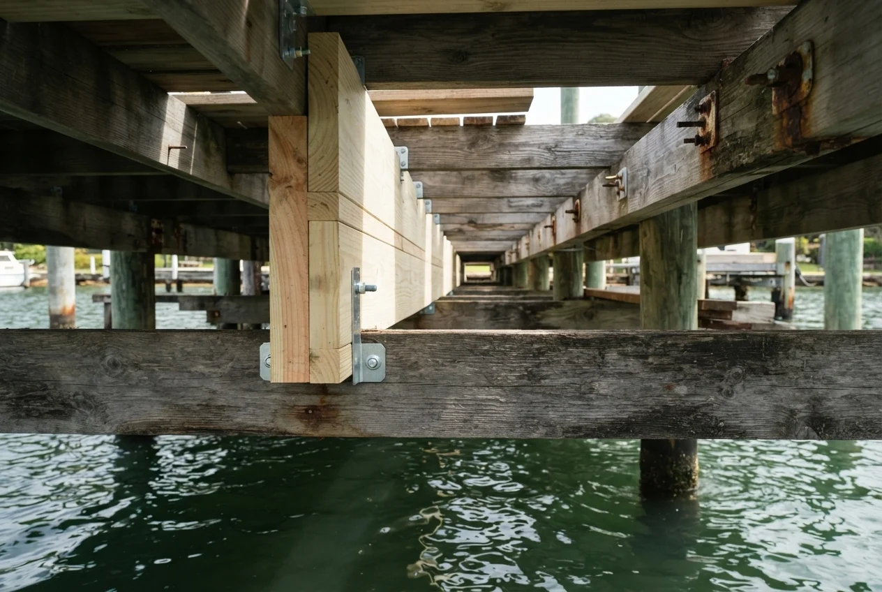 Photo. Structural repair underway beneath the deck