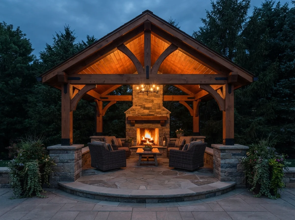 Photo. Pavilion with a stone outdoor fireplace, evening