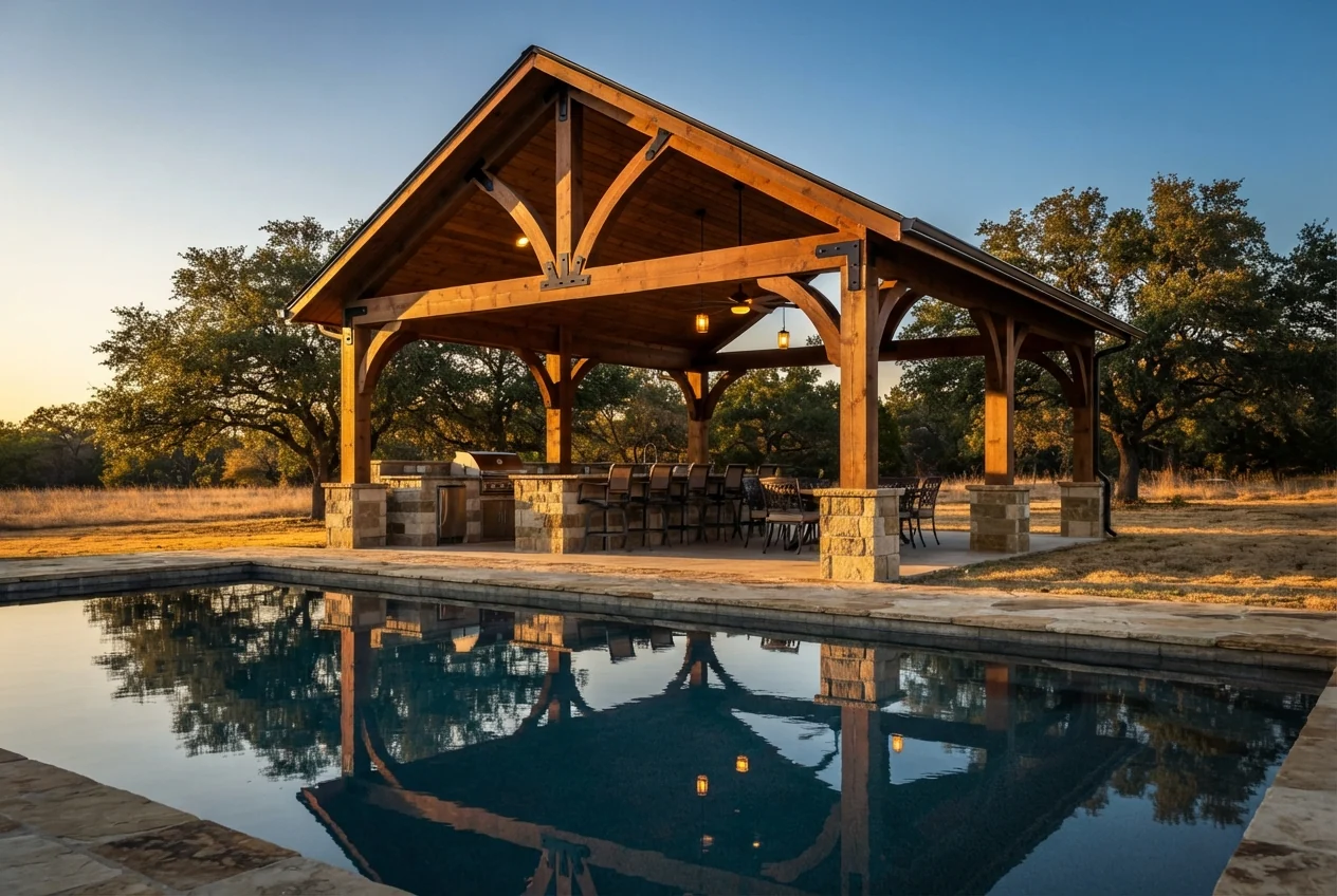 Photo. Freestanding cedar pavilion, pitched roof, wide