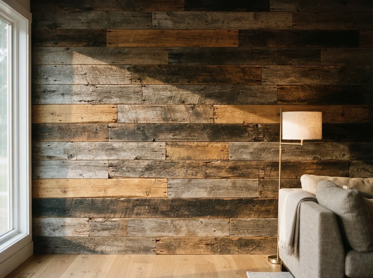Photo. Reclaimed oak accent wall with raking light across the grain