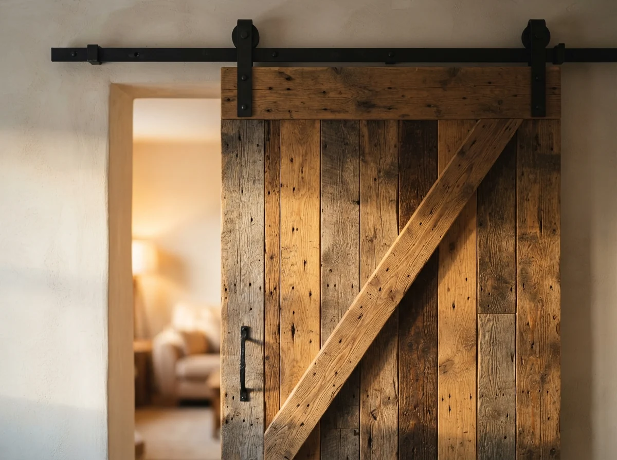 Photo. Sliding barn door on exposed track, close on grain