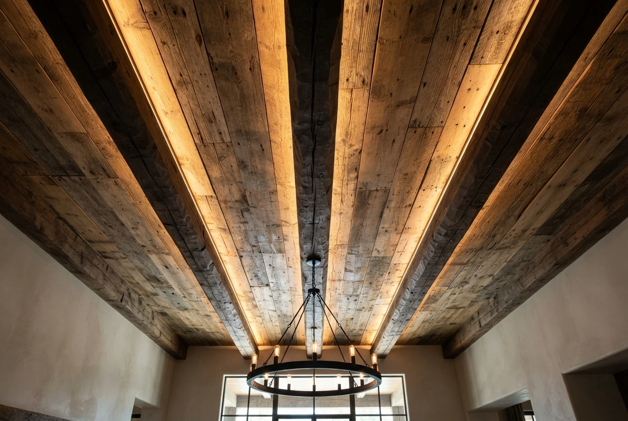 Photo. Reclaimed ceiling with exposed beams, looking up