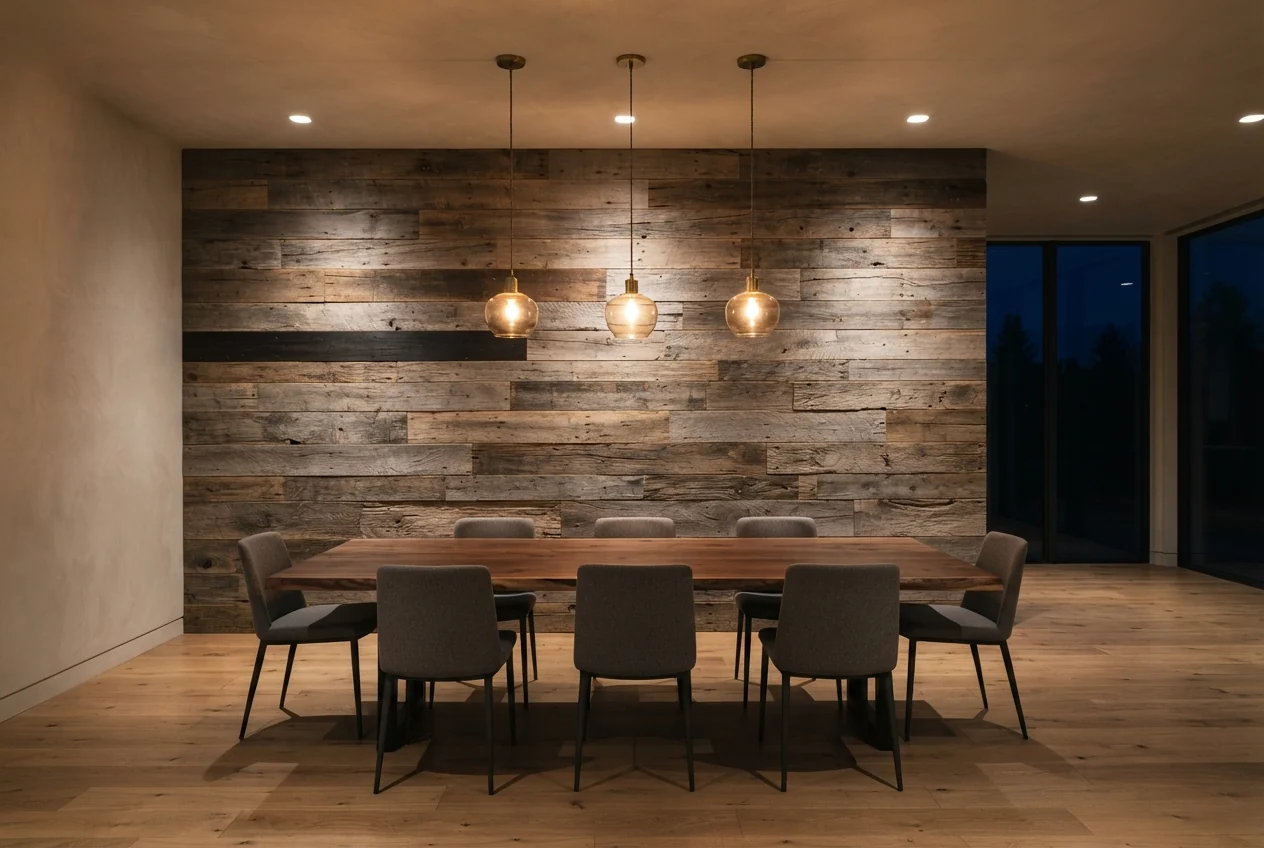 Photo. Reclaimed oak accent wall, raking light, wide