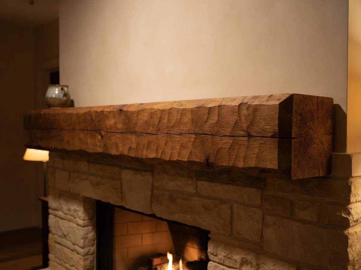 Photo. Hand-hewn mantel over a stone fireplace