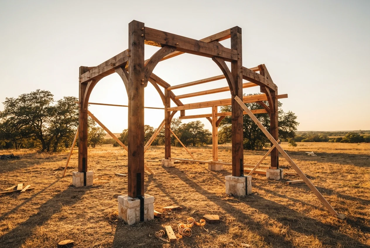 Photo. Raised timber frame bent, wide, golden hour