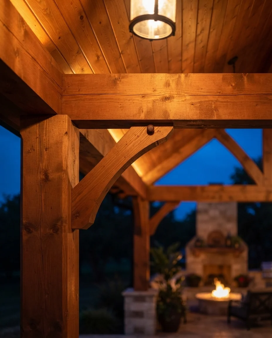 Photo. Pavilion or pergola, 3:4 portrait, warm evening light