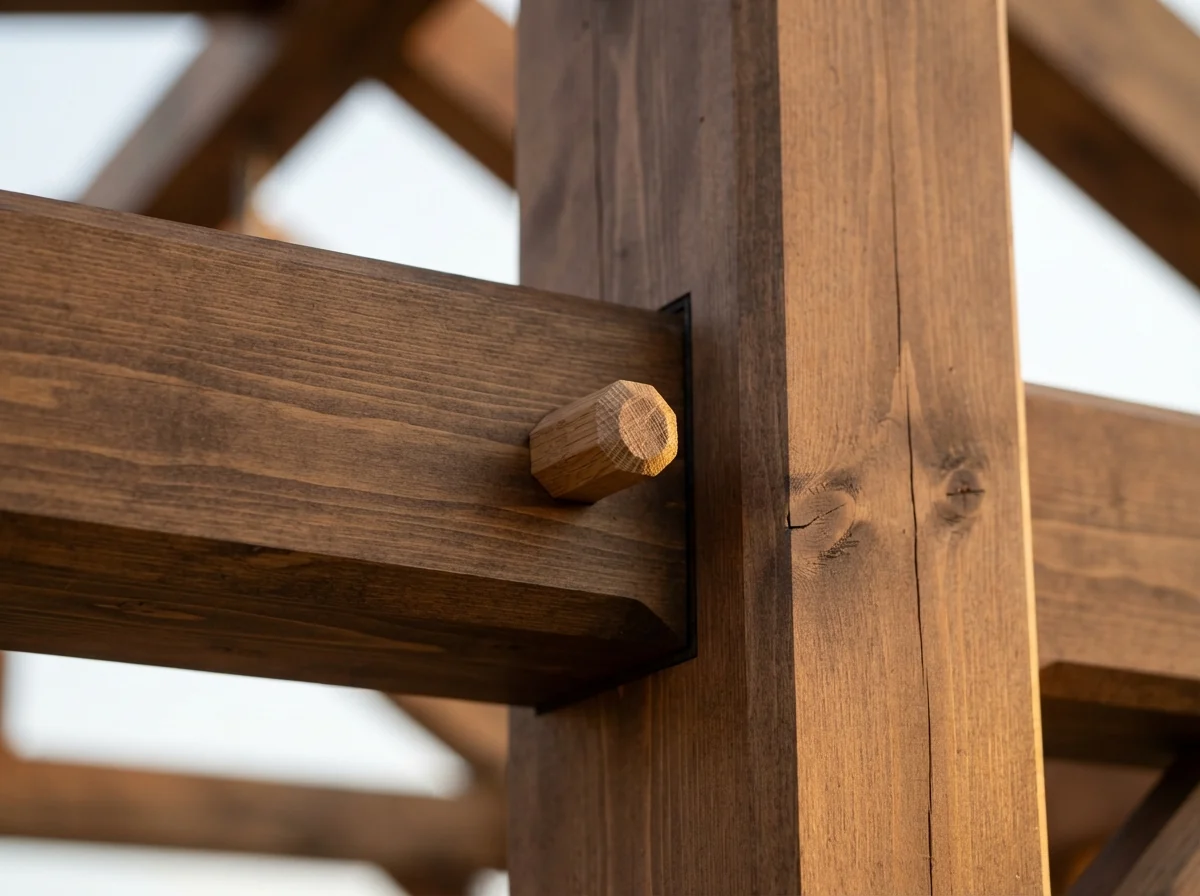 Photo. Mortise and tenon joint with oak peg, close